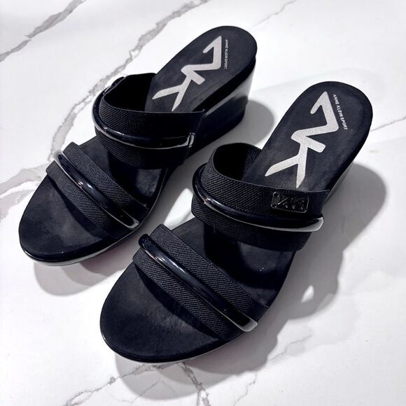 Anne Klein Sport | Women’s Black Slip on Patent Leather Stretch Strap Sandals - Picture 1 of 12